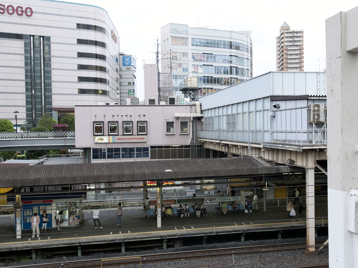 駅の外から川口駅ホームと橋上駅舎を見る